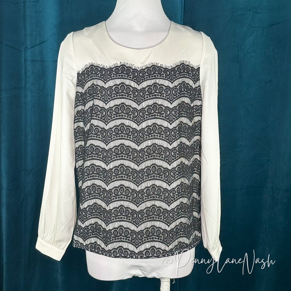 C. Luce Long Sleeve Black Lace Trim Blouse Top Medium - Picture 2 of 12